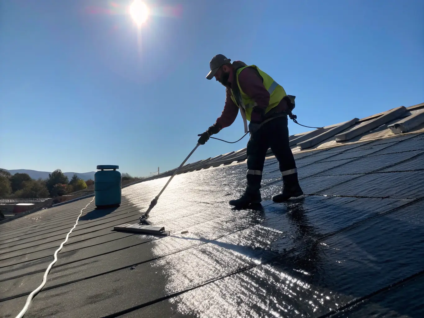 An image of blown bitumen being applied to a roofing structure, highlighting its flexibility and resistance to temperature changes, with a clear blue sky in the background.