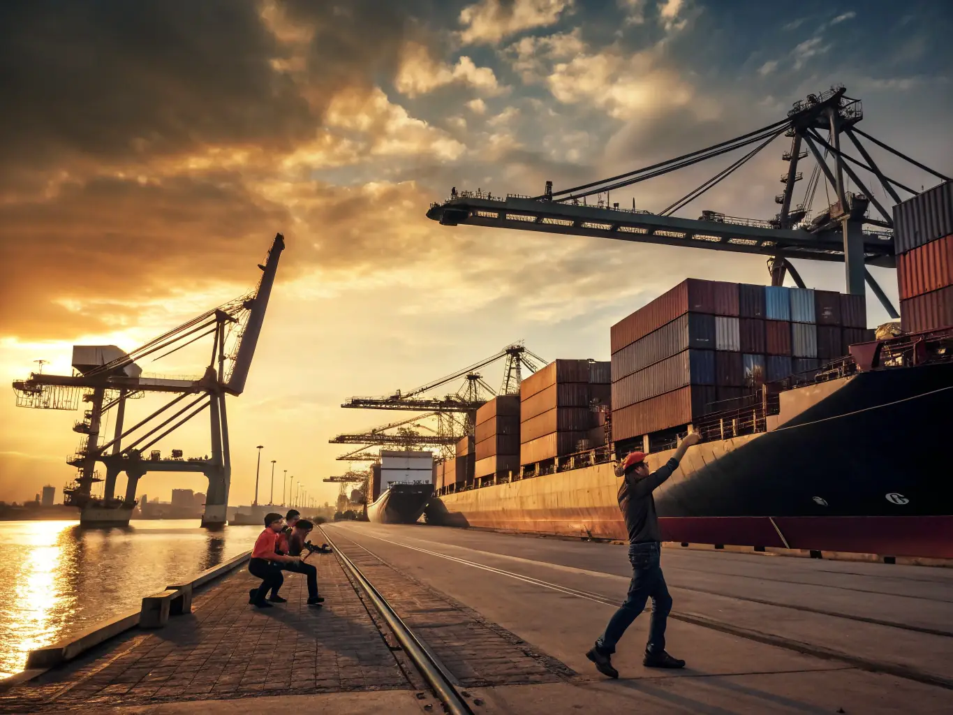 A wide shot of shipping containers being loaded onto a cargo ship, symbolizing Urum Bitumen's global export capabilities. The image should convey efficiency and reliability.
