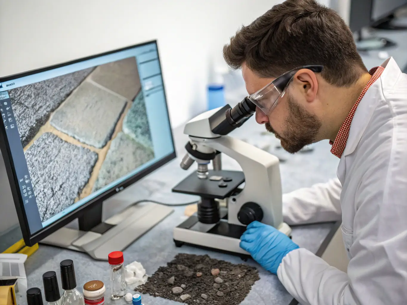 A close-up shot of bitumen being tested in a lab, showcasing the quality control measures at Urum Bitumen. The image should convey precision and attention to detail.