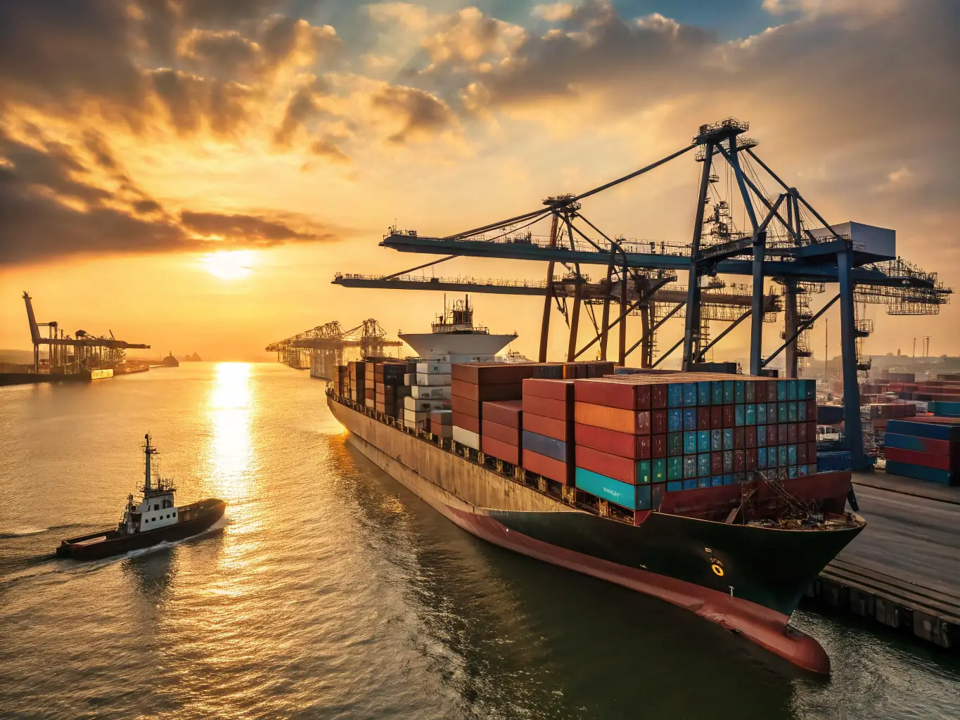 A drum of bitumen being loaded onto a cargo ship, symbolizing Urum Bitumen's export capabilities and global reach, with the Urmia sunset in the distance.